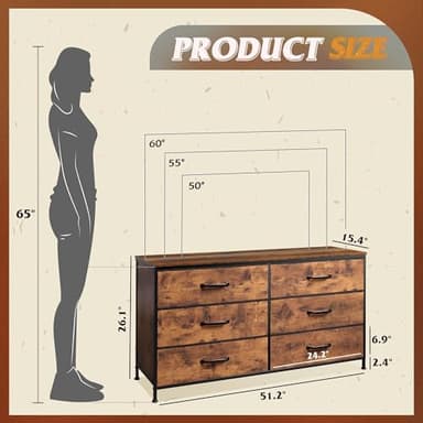 WLIVE 6 Drawer Dresser for Bedroom Large, Fabric Wide Dresser TV Stand for 50, 55, 60 inch TV, Big Long Chest of Drawers with Deep Drawer for Closet, Bedroom, Living Room, Hallway, Rustic Brown - Image 3