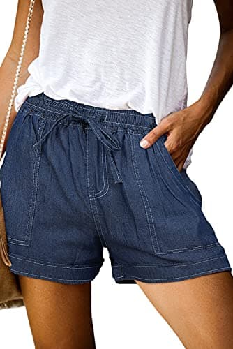 ONLYSHE Women Ladies Comfy Drawstring Elastic Waist Pocketed Summer Casual Loose Frayed Raw Hem Shorts Dark Blue-XXL - Image 1
