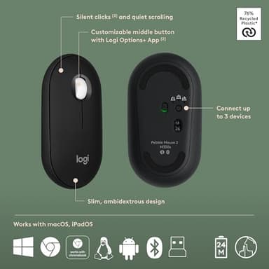 Logitech Pebble 2 Combo, Wireless Keyboard and Mouse, Quiet and Portable, Customizable, Logi Bolt, Bluetooth, Easy-Switch for Windows, macOS, iPadOS, Chrome - Black - Image 7