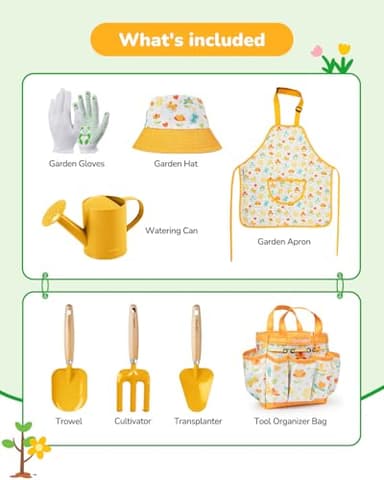 Grenebo Kids Gardening Set Toys,Includes Metal Trowel,Transplanting Shovel,Garden hat,Rake,Apron,Gloves,Watering Can,and Tool Organizer Bag (Yellow) - Image 2