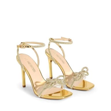 DREAM PAIRS Women's Double Bowknots Crystal Sandals Clear Slingback Heels Square Toe Shoes for Party Wedding Brielle,Size 6,Gold-Rhinestone,SDHS2389W - Image 3