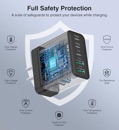 USB C Charger Block, [2-Pack] 50W 5-Port Fast Charger 20W Type C Charging Block 3.1A USB Wall Charger Dual Port PD+QC Charging Cube for iPhone 16 15 14 13 12 11 Pro Max XS, iPad, Samsung, Black - Image 8