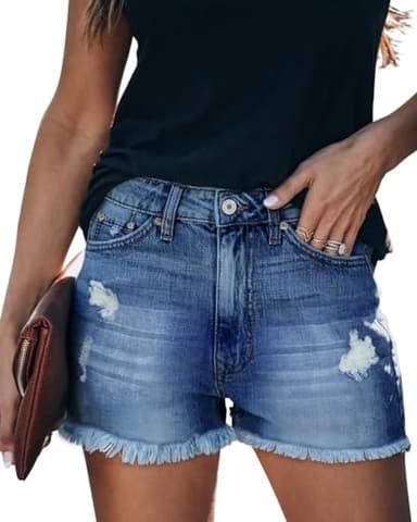 ZOLUCKY Jean Shorts for Women Stretchy Ripped Jean Shorts Mid Waisted Frayed Raw Hem Denim Shorts Navy M - Image 1