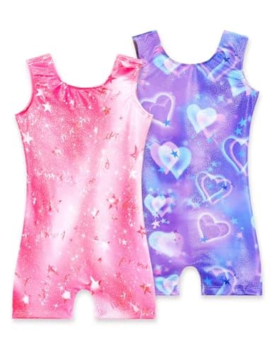 Nokecina Girls Gymnastics Leotards 2 Pack Size 4t 5t Purple Hearts Unitards Bodysuits Pink Stars Sparkly Biketard - Image 1