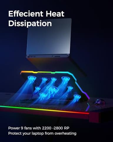 ChillCore Laptop Cooling Pad, RGB Lights Laptop Cooler 9 Fans for 15.6-19.3 Inch Laptops, Gaming Laptop Fan Cooling Pad with 8 Height Stands, 2 USB Ports - A21 Blue - Image 2