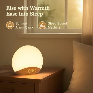 REACHER Wood Grain Sunrise Alarm Clock and Sound Machine Nightlight, Digital Dimmable Clock for Bedroom, 26 Sleep Sounds, White Noise Machine for Baby, Adults, Wake Up Light Alarm Clock for Kids - Image 3