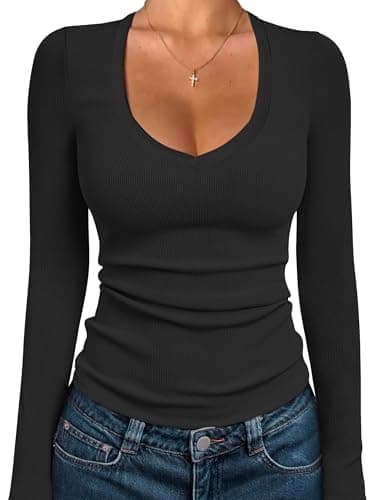 iGENJUN Women Long Sleeve V Neck Shirts for Women Business Casual Work Top Knit Slim Fit for Fall,Black,M - Image 1