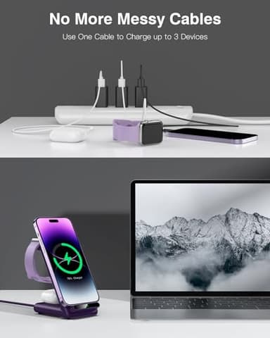 Wireless Charging Station,3 in 1 Charging Stand Made for Apple Watch Ultra 11 10 9 8 7 6 SE 5 4 3,Fast Wireless Charger Made for iPhone 17/Air/16/15/14/13/12,for AirPods Pro 3(with Adapter) (Purple) - Image 7