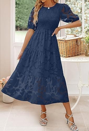 ZESICA Women's 2025 Summer Short Puff Sleeve Crewneck Smocked Floral Lace Flowy A Line Tiered Maxi Dresses,Navy,XX-Large - Image 2