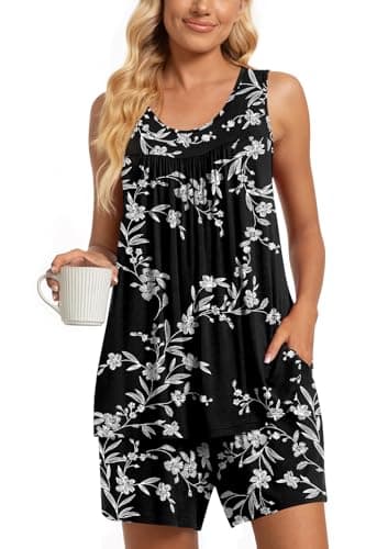 TAOHUADAO Womens Summer 2 Piece Pajama Sets, Sleeveless Pleated Tunic Tops with Comfy Shorts, Lounge Sleepwear Ladies Pjs Sets with Pockets 3XL, White Carvings-Black - Image 1
