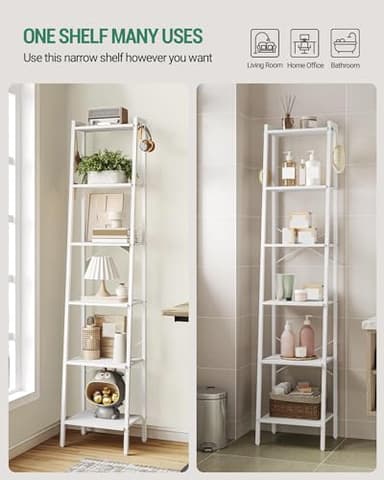 Hzuaneri Ladder Shelf, Bookshelf Bookcase, Freestanding Corner Storage Shelve with 2 Hooks for Home Office, Living Room, Kitchen, Bedroom, Industrial, 6-Tier White BC13313W - Image 4
