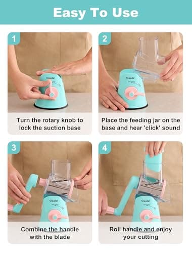 Geedel Rotary Cheese Grater Cheese Shredder - Upgraded 5-in-1 Cheese Grater with Handle and Strong Suction Base, Multi-purpose Vegetable Slicer Ice Shaver Nuts Grinder for Ice, Vegetables, Fruit, Nuts - Image 7