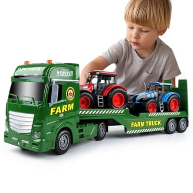 Dwi Dowellin Large Flatbed Semi Truck Toy for Kids,Includes Farm Vehicles,Car Toy Birthday Gift for 2 3 4 5 Years Old Boys and Girls - Image 1