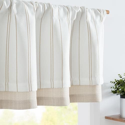 jinchan Striped Blackout Valance Curtain for Kitchen Linen Look Valance for Windows 18 Inch Modern Framhouse for Living Room Bedroom Bathroom Room Darkening Rod Pocket 1 Panel Yellow on White - Image 1