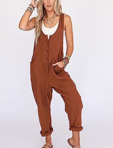 Yeokou Womens Overalls Linen Cotton Jumpsuits Loose Casual Jumpers with Pockets(Rust-M) - Image 2