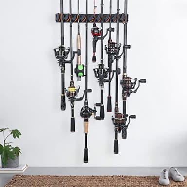 PLUSINNO V9 Vertical Fishing Rod Holders, 2 Packs Wall Mounted Fishing Pole Holders, Fishing Rod Racks Hold Up to 18 Rods or Combos, Fishing Pole Holders for Garage, Fits Most Rods of Diameter 3-19mm - Image 8
