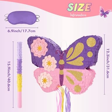 WERNNSAI Butterfly Piñata - Butterfly Birthday Party Supplies Pinata with Stick and Blindfold for Girls Kids Pull String Piñata Family Games Classroom Birthday Party Decorations 16.4” x 12.4” - Image 3