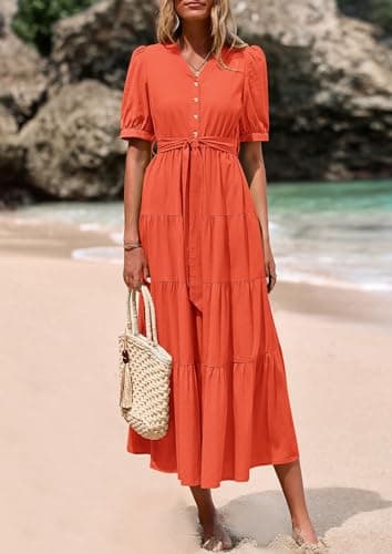 PRETTYGARDEN Summer Dresses for Women 2025 Elegant Classy Short Sleeve V Neck Ruffle A Line Belted Long Beach Vacation Dress (Orange,Large) - Image 3