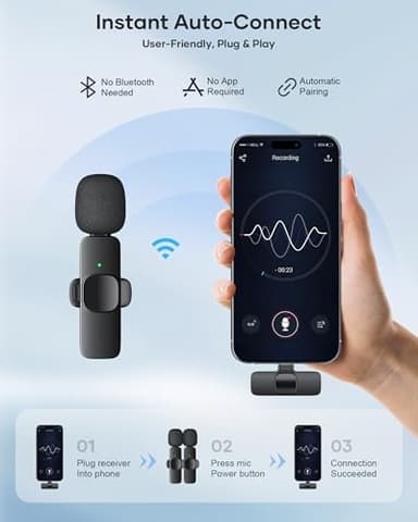 2 Pack Wireless Lavalier Microphone for iPhone iPad and Android Phone, Lapel Mic Plug and Play Wireless Mic Noise Reduction Mini Microphone for Video Recording Interview Podcast Vlog YouTube Tiktok - Image 2