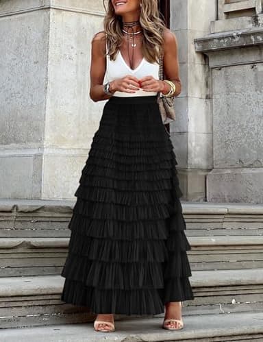Flygo Women's Long Maxi Tulle Skirts A Line Ruffle High Waisted Tiered Layered Mesh Tutu Skirt Petticoat(Black-XL) - Image 6
