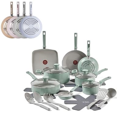 T-Fal Refresh Ceramic Nonstick Cookware Set, 20-Piece, Oven Safe to 350°F, Stockpot, Ceramic Pots and Pans Set, Frying Pans, Griddle, Utensils, Mint Green - Image 1