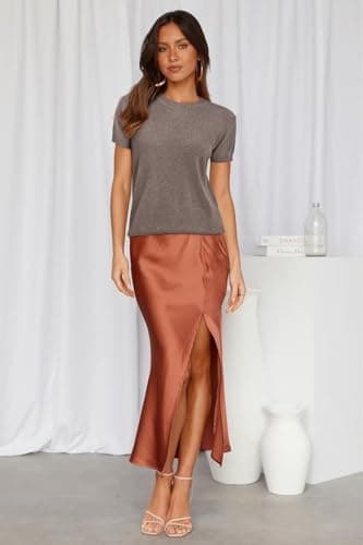 Arach&Cloz Womens Summer Fall Fashion Tops Work Formal Teacher 2025 Short Sleeve Sweaters Blouses Dressy Casual Cloth Business Outfits Black White Spring Linen Plus Size Halloween Winter (Coffee,L) - Image 3