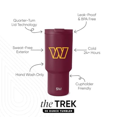 Simple Modern Officially Licensed NFL Washington Commanders 30oz Tumbler with Flip Lid and Straws | Insulated Cup Stainless Steel | Gifts for Men Women | Trek Collection | Washington Commanders - Image 2