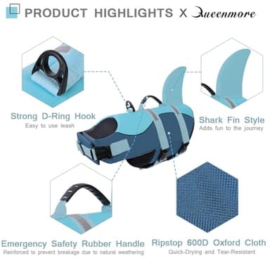 Queenmore Dog Life Jacket High Flotation, Reflective Dog Life Vest for Swimming, Adjustable Dogs Life Preserver Rescue Handle Spring Summer Pool for Small, Medium, Large Dogs (Ocean Blue,L) - Image 3