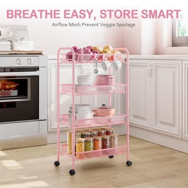 TOOLF 4 Tier Rolling Utility Cart - Durable Metal Design Pink Utility Cart, Storage Trolley on Wheels with 3 Hooks, Perfect for Kitchen, Bathroom & Laundry Room Organization - Image 5