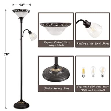 Floor Lamps for Living Room, 70" Floor Lamp Standing Torchiere Lamp with Etched Glass Shade, Metal Pole & Heavy Base, Vintage Tall Corner Lamp Decor for Bedroom, Living Room, Office. No Bulbs (2 Head) - Image 4