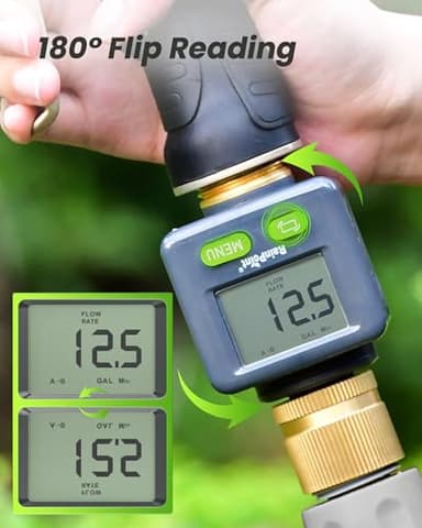 RAINPOINT Water Flow Meter with Brass Inlet & Outlet, 180° Screen-Flip Water Meter, Measure Gallon/Liter Consumption for RV Filling, Garden Watering, Sprinkler and Hoze Nozzle - Image 4