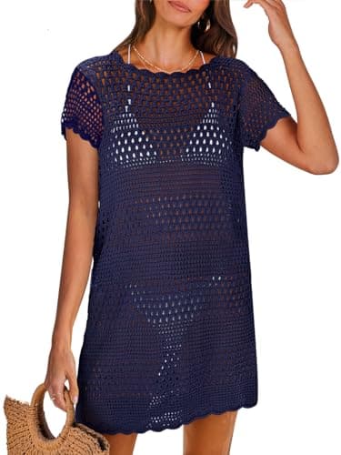 ANRABESS Swimsuit Cover Up for Women 2025 Crochet Bathing Suit Swimwear Mesh Knit Beach Dress Summer Vacation Outfit Clothes Medium Navy Blue - Image 1