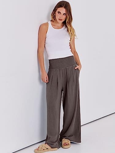 ANRABESS Women Linen Palazzo Pants Summer Boho Wide Leg High Waist Casual Lounge Pant 2025 Beach Travel Vacation Outfits Coffee X-Large - Image 6