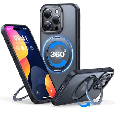 QTlier case for iPhone 15promax, 360 Rotatable Ring Stand, Raised Camera Frame, Shockproof with MagSafe Black - Image 1