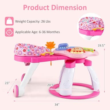 INFANS 3 in 1 Walk Around Baby Activity Center, Baby Walker with Play Table, Wheels, Detachable Seat Cushion, 3 Adjustable Heights, Learning Toys for Boys Girls Aged 6-36 Months (Pink) - Image 9
