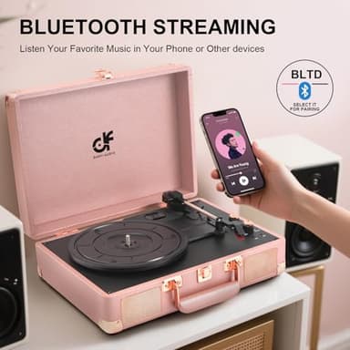 Vinyl Record Player 3-Speed Portable Suitcase Record Player with Built-in Speakers, Headphone Jack, RCA-Out/AUX-in, Vintage Belt-Driven Turntable, Pink & Rose Gold - Image 3