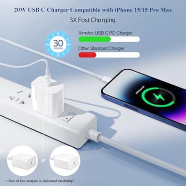 20W USB C Fast Charger Compatible with iPhone 16/16 Plus/ 16 Pro Max/ 15/ iPad Pro, 2Pack PD USB C Charger Block with 6FT Type C to C Cable - Image 2