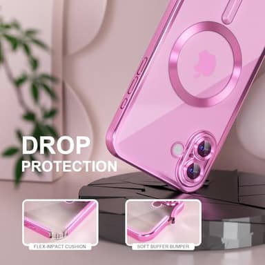 Misea Magnetic for iPhone 16 Case Compatible with MagSafe [Never Yellowing] [Military Grade Drop Protection] Full Camera Lens Protector Plating Soft Clear Phone Case for Women 6.1 inch, Hot Pink - Image 4