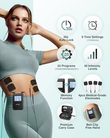 NURSAL Tens Unit Muscle Stimulator, 4 in 1 TENS EMS Machine with 25 Modes Include DIY, 40 Intensities Electric Massager for Shoulder, Back Pain Relief, TENS Pads, A Carry Case - Image 3