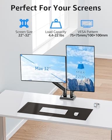 Dual Monitor Stand fits up to 32 inch, 4.4-22 lbs Computer Screens, Dual Monitor Desk Mount Height Adjustable, Monitor Arms for 2 Monitors, Home Office VESA Mounts with Gas Spring, Freelift Black - Image 2
