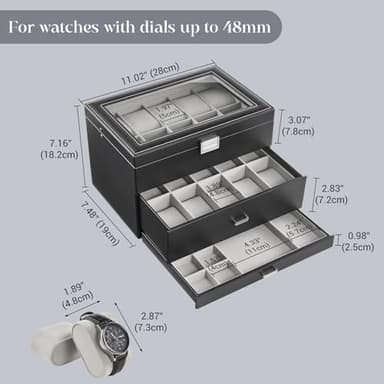 ProCase 20 Slot Watch Box for Men, 3-Layer Watch Display Case with Glass Lid, Watch Holder with Drawer, Jewelry Storage Organizer for Watches Straps Rings -Black - Image 7