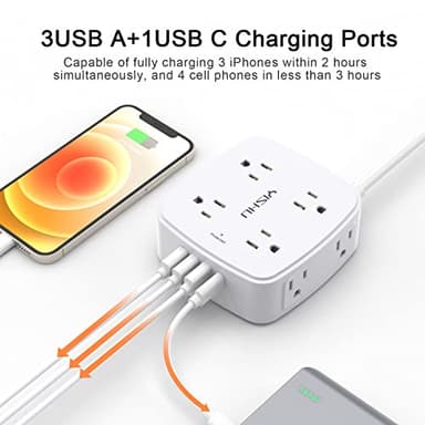10 Ft Surge Protector Power Strip - YISHU 3 Side Outlet Extender with 8 Widely AC Outlets and 4 USB Ports, 10 Feet Extension Cord with Flat Plug, Wall Mount Desk USB Charging Station, ETL,White - Image 4