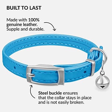 CollarDirect Leather Cat Collar with Bell - Kitten Collar, Small and Big Cat for Boy Cats, Girl Cats with Safety Elastic Strap (Neck Fit 8"-11", Light Blue) - Image 2
