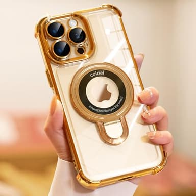 CHICLADY for iPhone 15 Pro Case with Integrated Lens Protection, [Foldable Stand & Ring Holder] [Compatible with Magsafe], Glossy Shockproof Bumper Stylish Women Case for iPhone 15 Pro, Gold - Image 1