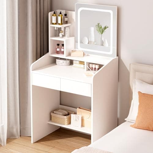LIVELYGLOW Small Makeup Vanity Desk with Lighted Mirror, White, 23.62" W x 15.74" D x 53.93" H (Smart LED Mirror, Open Shelves, 2 Drawers) - Image 1