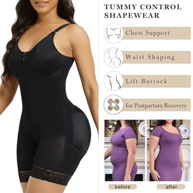 YIANNA Fajas Colombianas Moldeadoras Postpartum Full Shapewear for Women Tummy Control Body Shaper Butt Lifter Compression Garment with Zipper Crotch, YA7283-Black-XL - Image 5