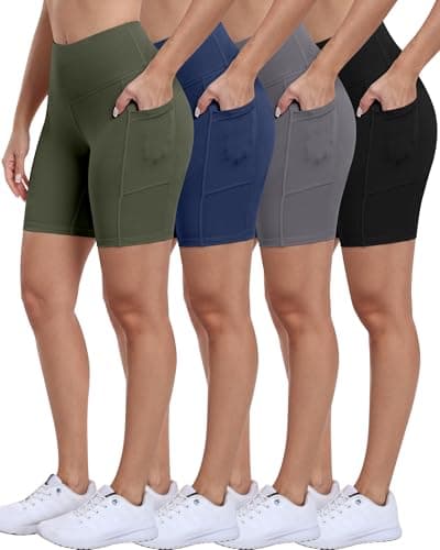 ATHVOTAR Biker Shorts Women with Pockets - 3"/5"/8" High Waisted Workout Spandex Tummy Control Gym Running Yoga Shorts 8" Black/Gray/Navy/Army Green L - Image 1