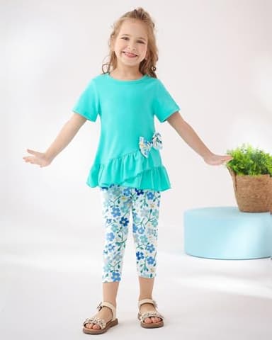 SOLOYEE Toddler Girl Clothes 3T 4T Girls Outfit, Short Sleeve Ruffle Top with Bowknot + Floral Print Capri Pants 2Pcs Spring Summer Clothing Set - Image 3