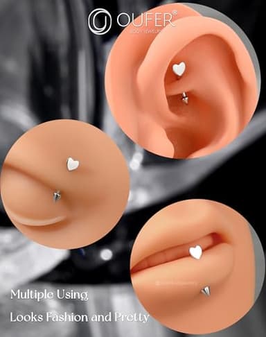 OUFER 925 Sterling Silver Rook Piercing Jewelry, Heart Eyebrow Rings, Silver Vertical Labret Lip Jewelry, Curved Barbell 16G, Rook Earrings for Women Men-8mm - Image 8