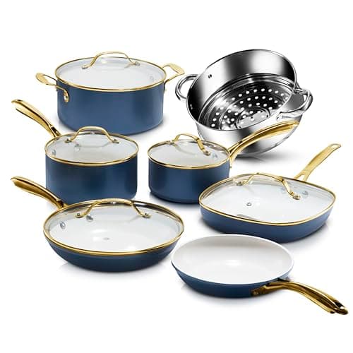 Gotham Steel 12 Pc Ceramic Cookware Set Nonstick, Ceramic Pots and Pans Set Non Stick with Steamer for Cooking, Non Toxic PFOA PFOS Free, Premium Stay Cool Handles, Oven & Dishwasher Safe - Image 1